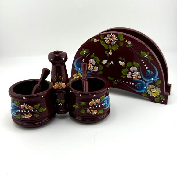 Vintage Hand Painted Wooden Salt And Paper‎ Napkin Holder Set - Picture 1 of 10